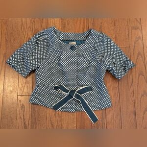 Anthropologie - Elevenses “Tea Cozy” Tweed Jacket Crop Short Sleeve Teal Size 4
